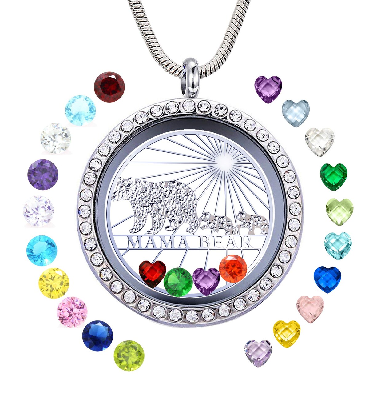 Mama Bear Necklace with Two 2 Cubs Necklace for Women, Floating Locket Pendant with 24 Birthstones & Charms for Mummy Mother Family Mom Grandma